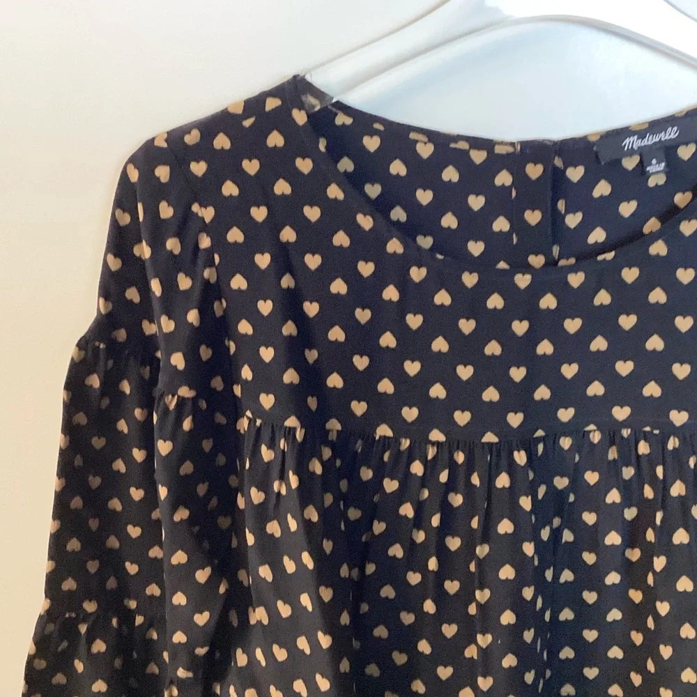 Madewell Silk Tiered Button Back Heart Print Top - Black - S - Picture 2 of 8